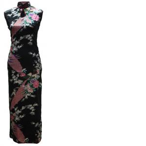 7Fairy Women's Black Peacock Chinese Dress Qipao Long Silky Keyhole