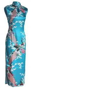 7Fairy Women's Turquoise Peacock Chinese Dress Silky Long Keyhole