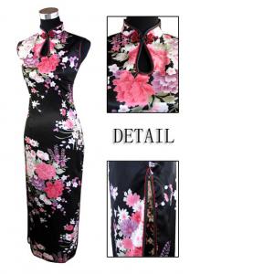 7Fairy Women's Black Classic Peony Chinese Maxi Dress Cheongsam Qipao Silky Keyhole