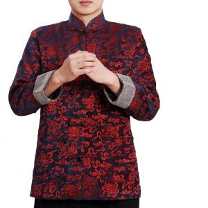 7Fairy Men's Red & Black Velvet Mandarin Auspicious Chinese Gong Fu Jacket Long Sleeve Top