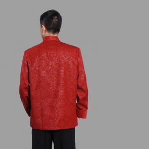 7Fairy Men's Burgundy Velvet Mandarin Auspicious Chinese Kung Fu Jacket Long Sleeve Top