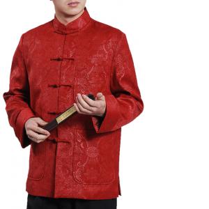 7Fairy Men's Burgundy Velvet Mandarin Auspicious Chinese Kung Fu Jacket Long Sleeve Top