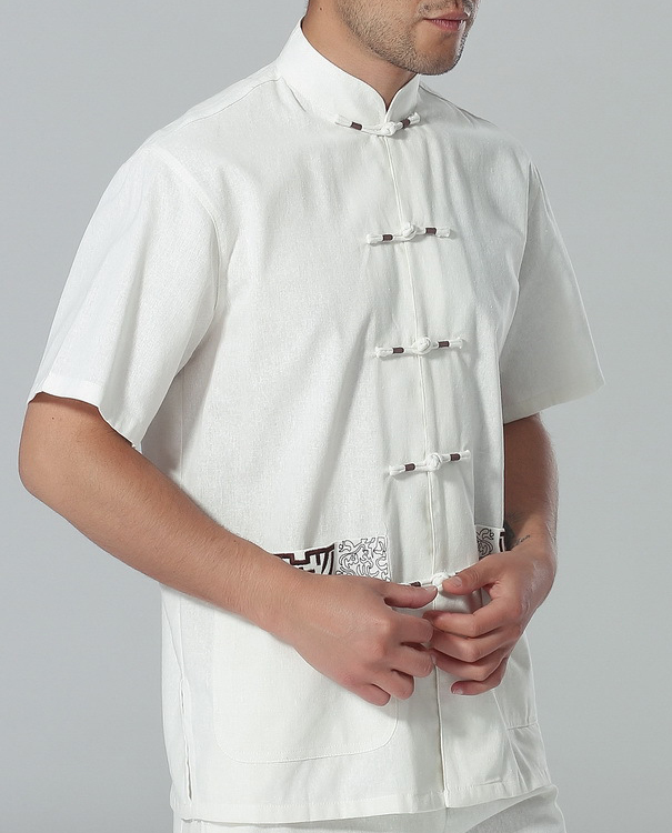 7Fairy Men's White Cotton&Flax Casual Chic Lucky Pockets Chinese Shaolin Gong Fu Shirt Short Sleeve