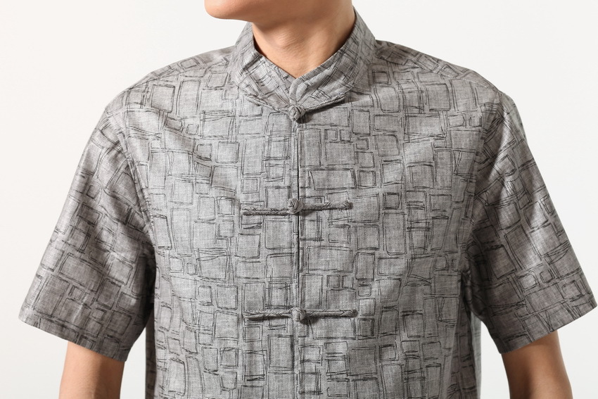 7Fairy Men's Dark Gray Cotton&Flax Classic Geometric Chinese Shaolin Kung Fu Shirt Short Sleeve