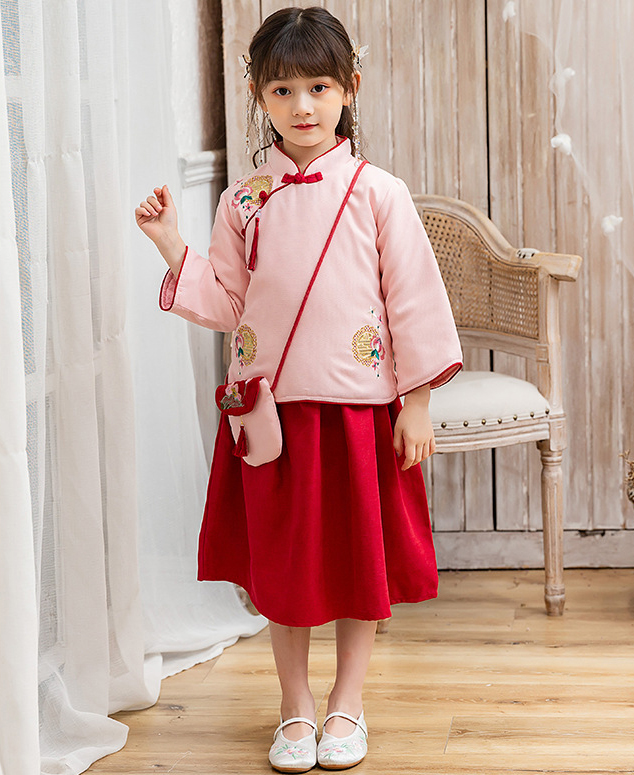 7Fairy Kids' Fancy Pink&Red Winter Cotton Quilted Embroidered Chinese Dress Set Cheongsam Qipao